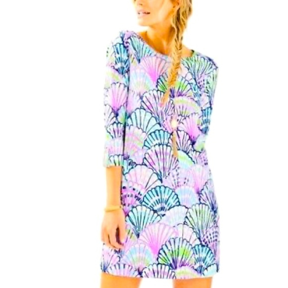 Lilly Pulitzer Linden Serene Blue Oh Shello Pima Cotton T-Shirt Dress XS, EUC